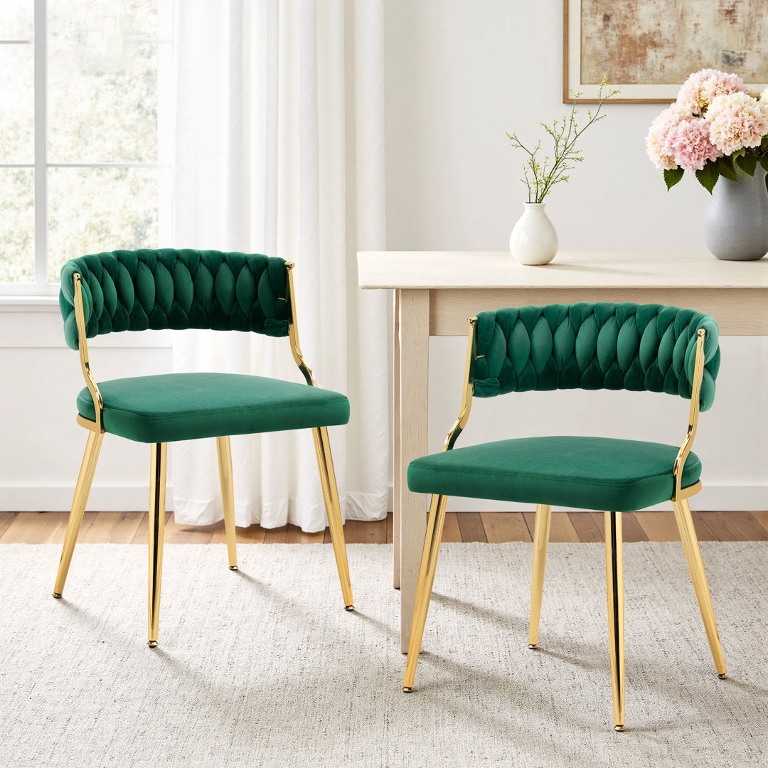 Christal 2 Piece Tufted Velvet Curved Weaved Back with Metal Legs Side Dining Chair Set